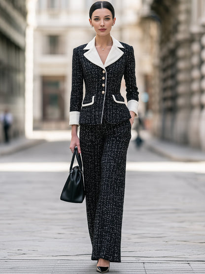 Contrast-Trim Tweed Blazer And Wide-Leg Pants Set