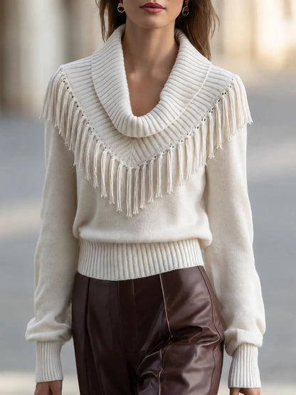 Fringe-Trim Cowl Neck Knit Sweater