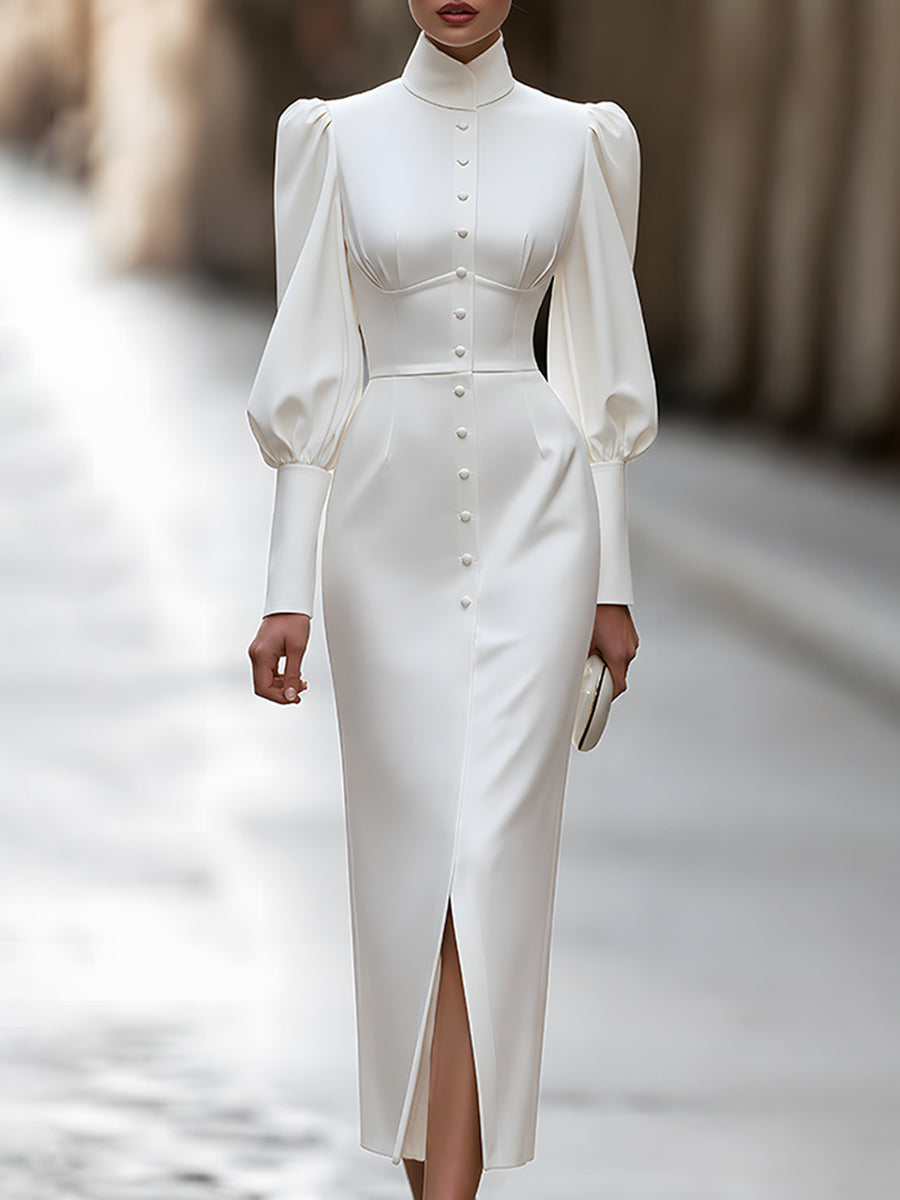 High-Neck Puff-Sleeve Button-Front Midi Dress