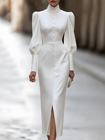 High-Neck Puff-Sleeve Button-Front Midi Dress