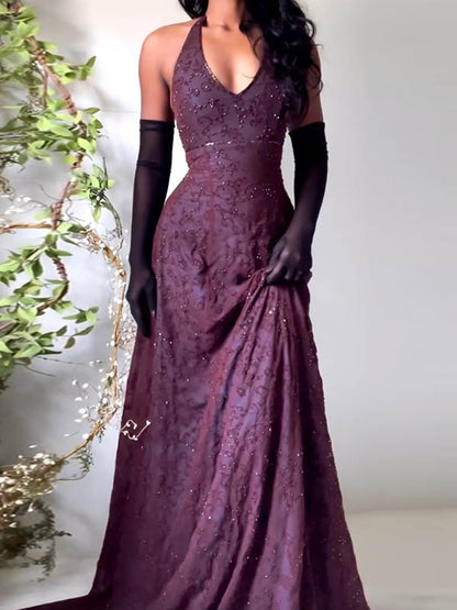 Sequinned Sleeveless Halterneck Evening Mermaid Maxi Dresses Fairytale Dress