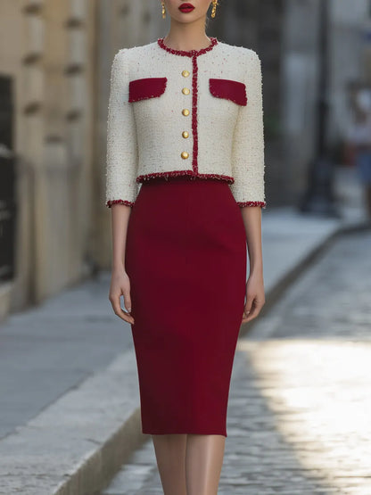 Textured Tweed Cropped Jacket And Pencil Skirt Tailored Set