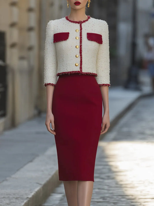 Textured Tweed Cropped Jacket And Pencil Skirt Tailored Set
