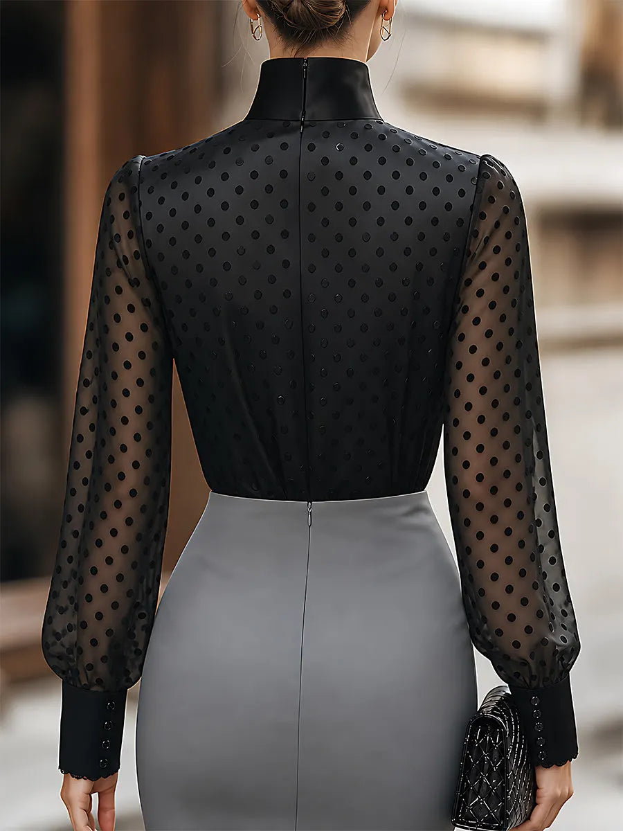 Flocked Polka-Dot Satin And Sheer Mesh Top