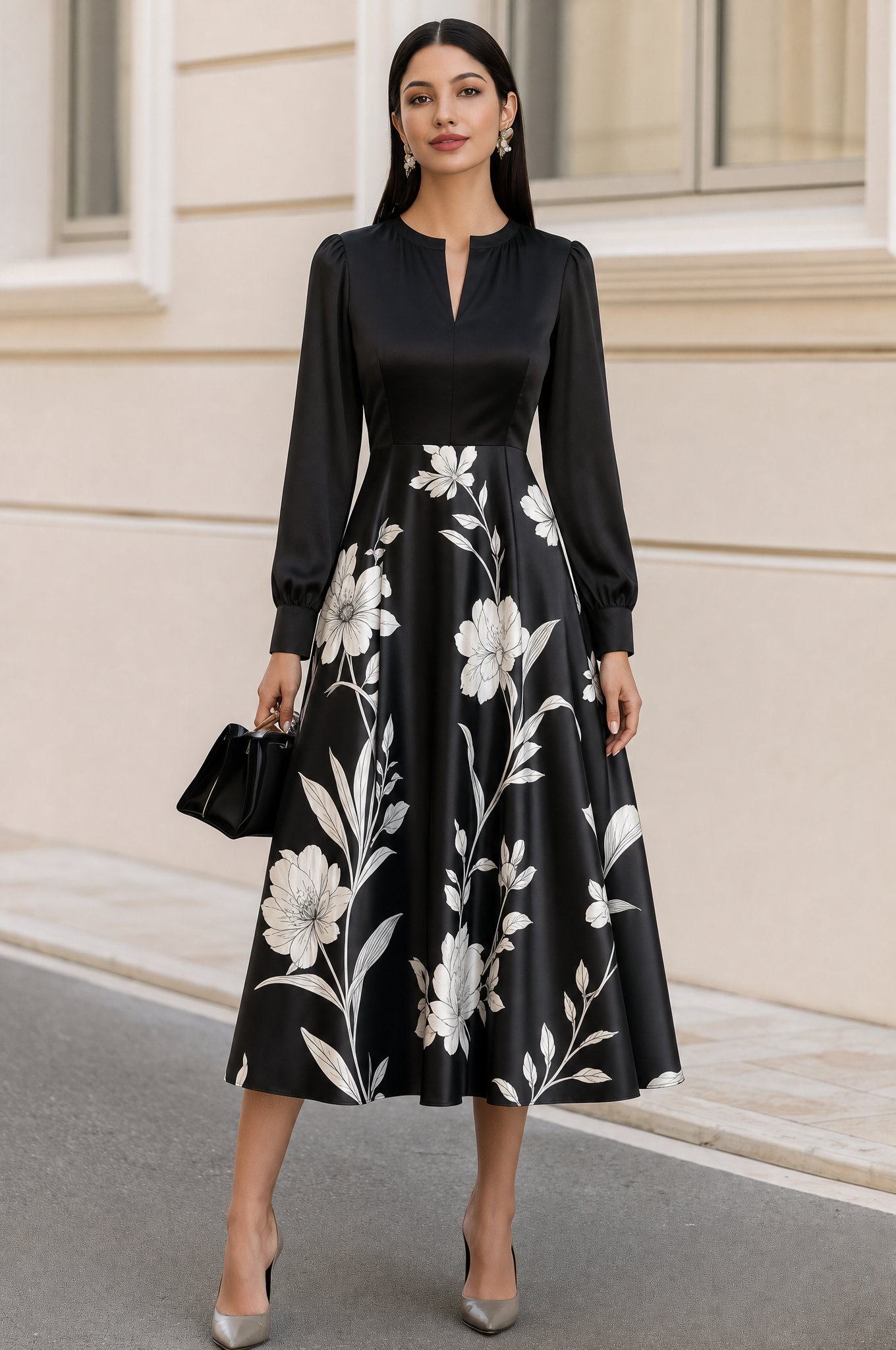 Floral Print Notched Neck Long Sleeve A-Line Midi Dress