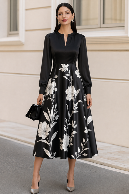 Floral Print Notched Neck Long Sleeve A-Line Midi Dress
