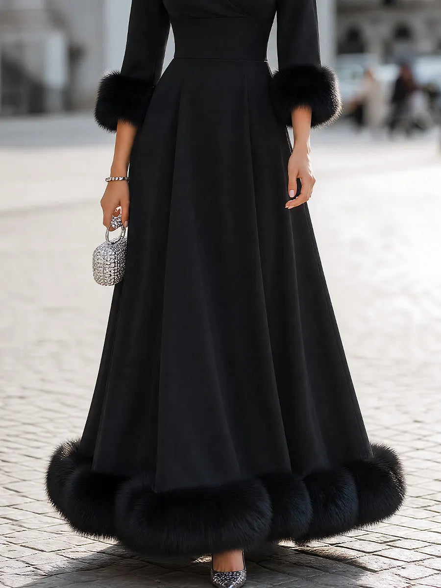 Faux-Fur Trimmed V-Neck A-Line Maxi Dress