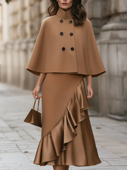 Stand Collar Cape Coat And Ruffle Skirt Set