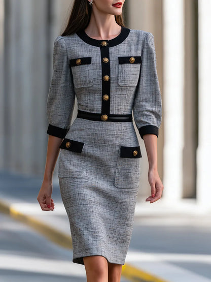 Contrast-Trim Buttoned Tweed Midi Dress