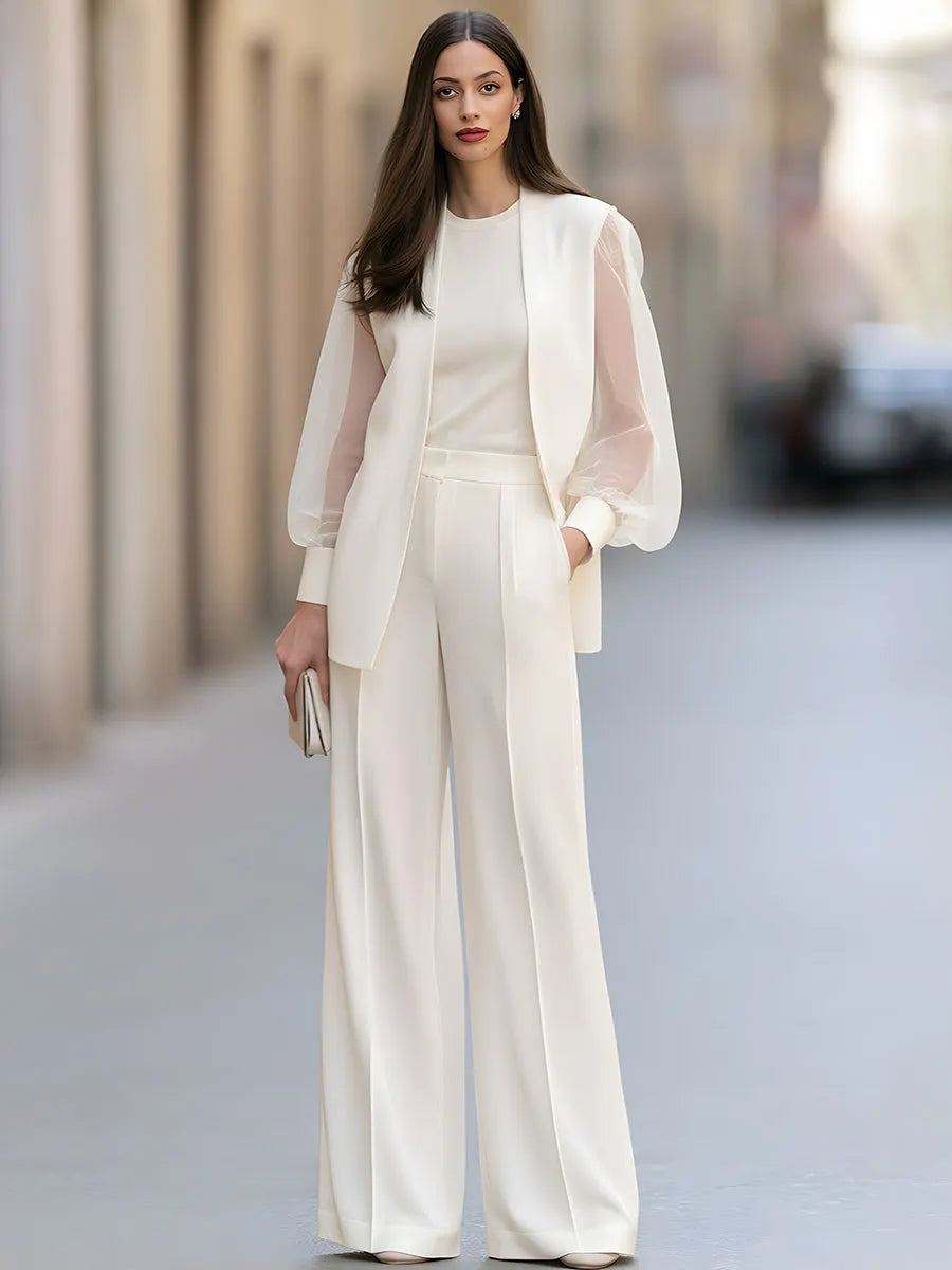 Women's Sheer Puff-Sleeve Blazer And Wide-Leg Trousers Two-Piece Set