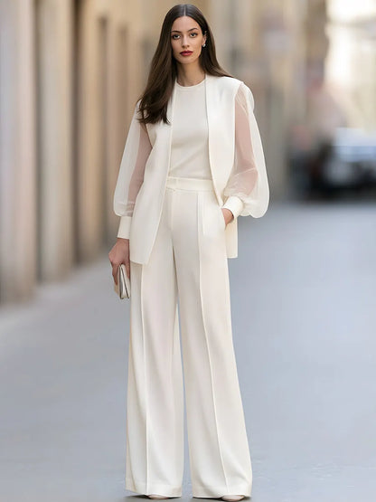 Women's Sheer Puff-Sleeve Blazer And Wide-Leg Trousers Two-Piece Set