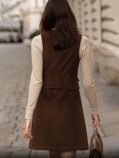 Bow-Neck Knit Top, Tailored Vest And A-Line Skirt Set