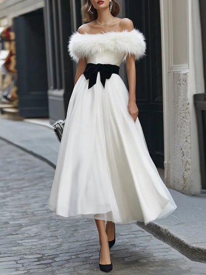 Detachable Faux Fur Trim Off-Shoulder Tulle Midi Dress