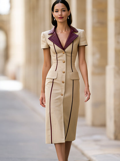 Contrast Trim Structured Button-Front Midi Pencil Dress