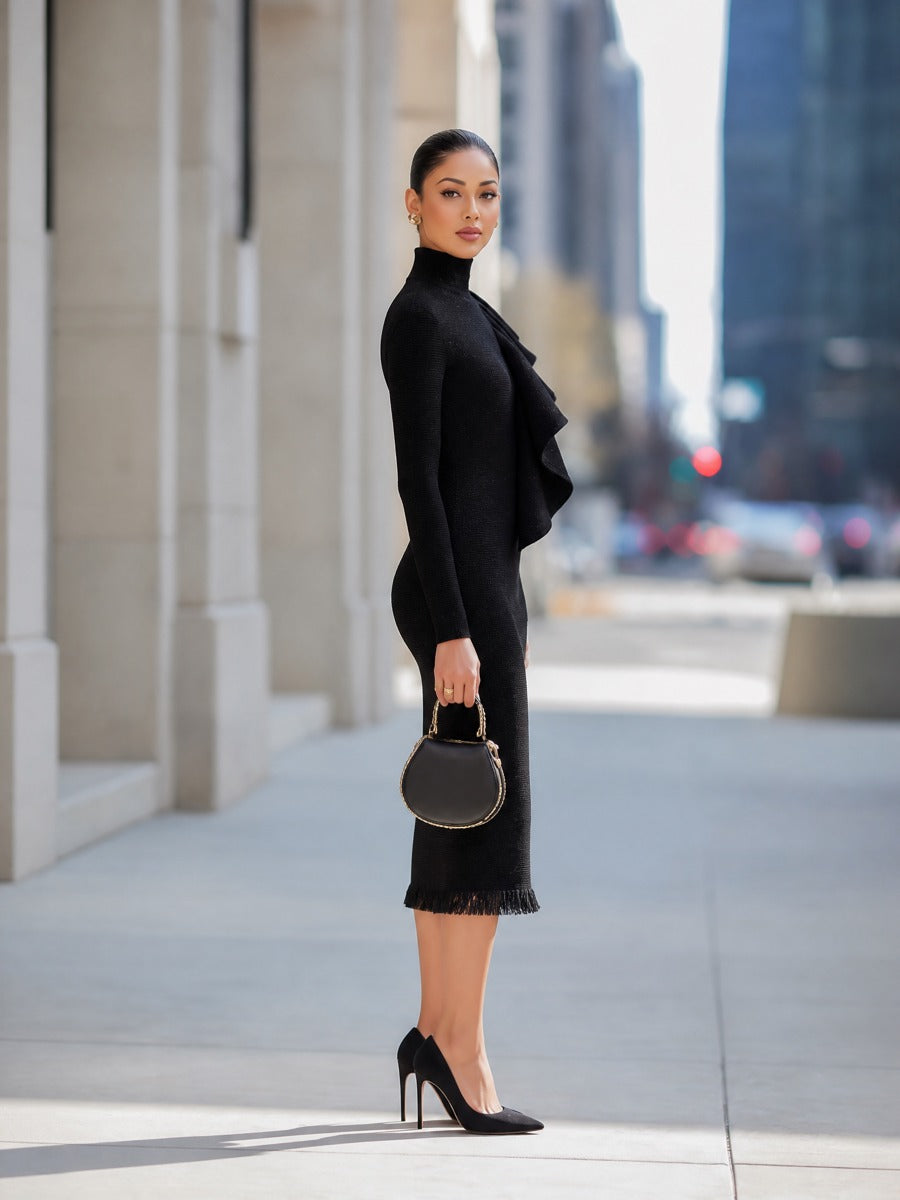 Tweed-Inspired Fringe-Hem Midi Dress