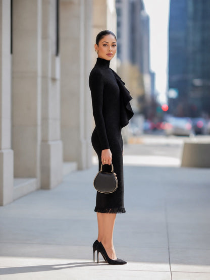 Tweed-Inspired Fringe-Hem Midi Dress