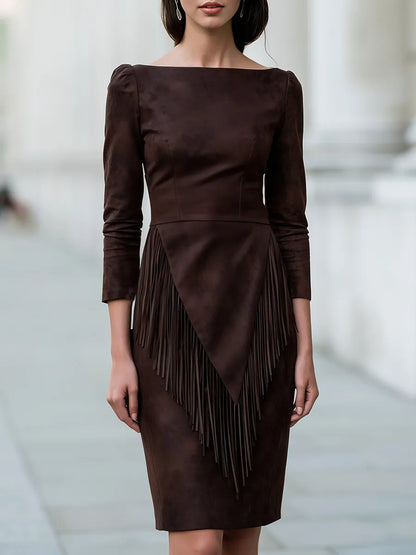 Soft Faux Suede Layered Tassel Midi Dress