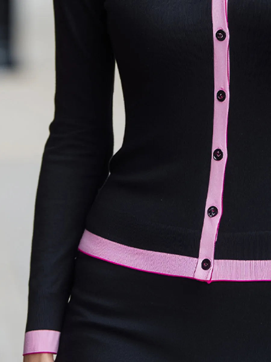 Contrast Collared Button-Front Knit Cardigan