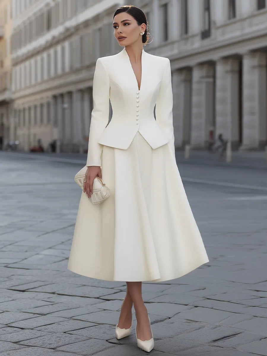 Button-Front Structured Blazer And Full Midi Skirt Set