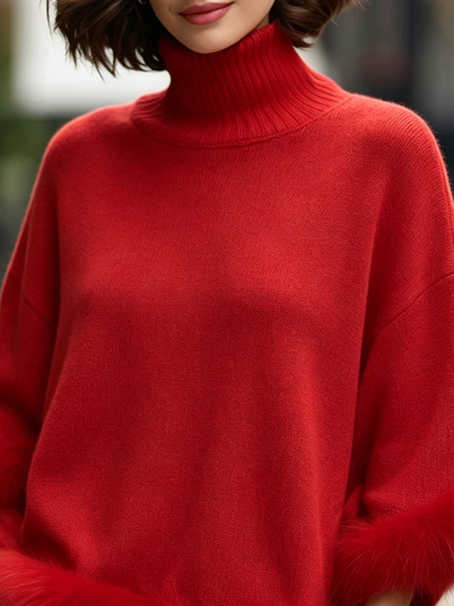 Elegant Turtleneck Detachable Faux Fur Trim Knit Sweater