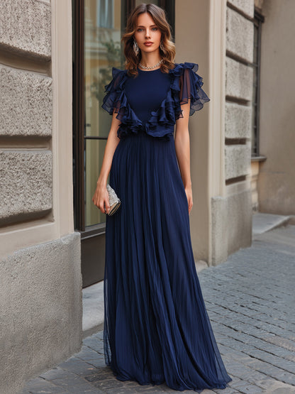 Ruffle-Sleeve Pleated Chiffon Maxi Dress