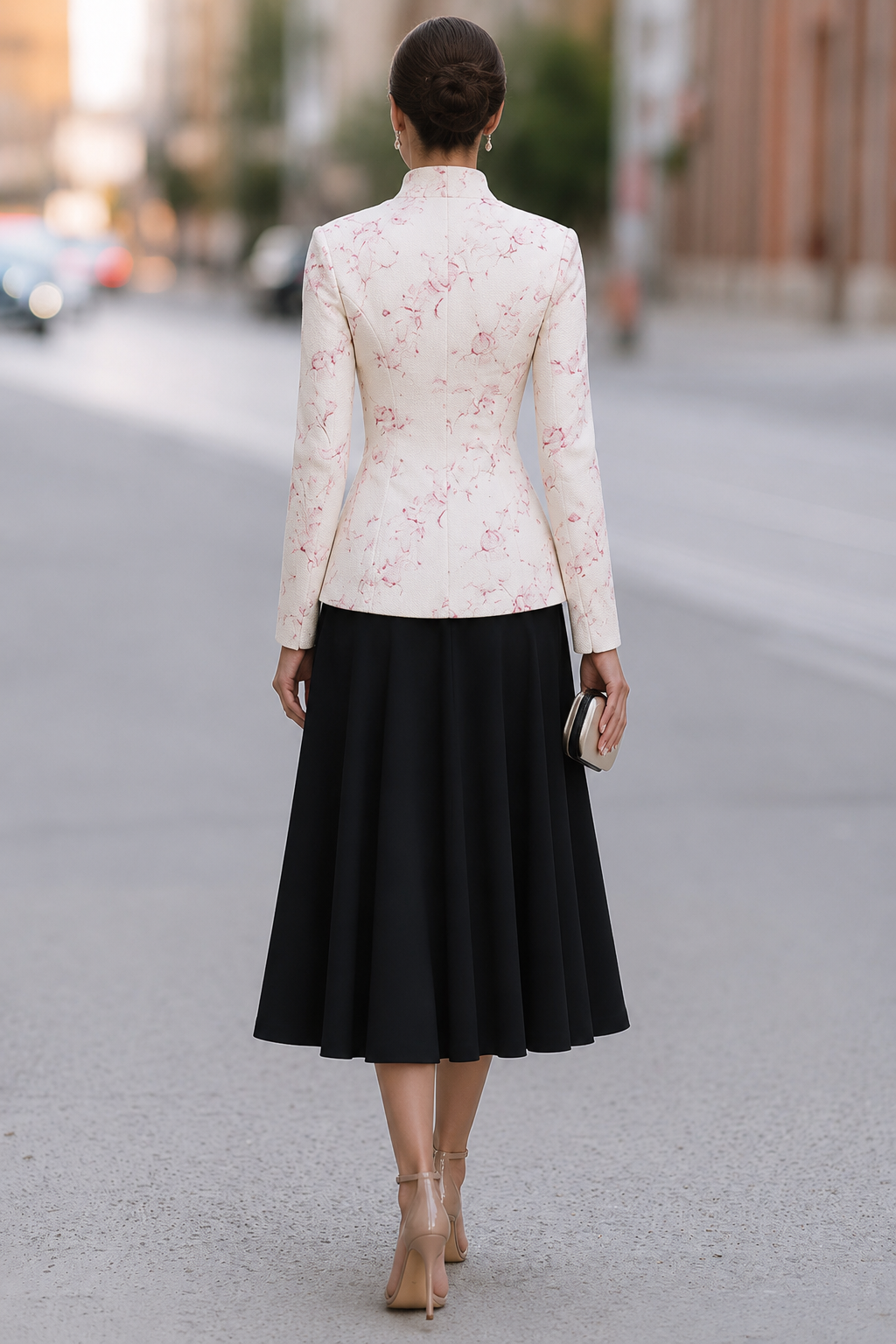 Floral Stand-Collar Jacket And A-Line Midi Skirt Set