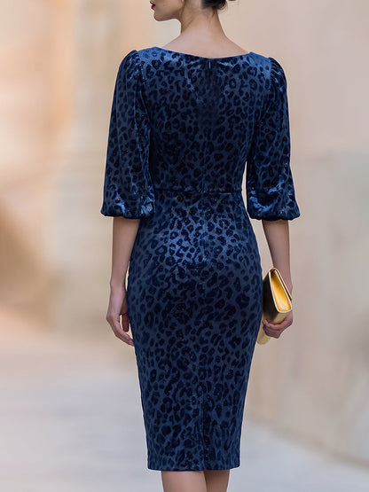 Elegant Velvet Leopard Jacquard Midi Dress