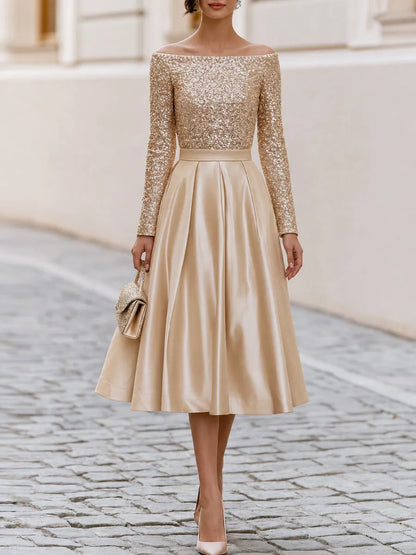 Off Shoulder Sequin Long Sleeve Satin Pleated Midi A-Line Cocktail Dress