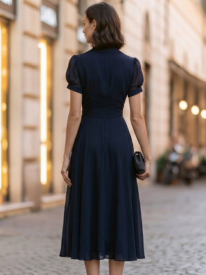 Elegant Wrap V-Neck Tie Waist Midi Dress With Puff Sleeves