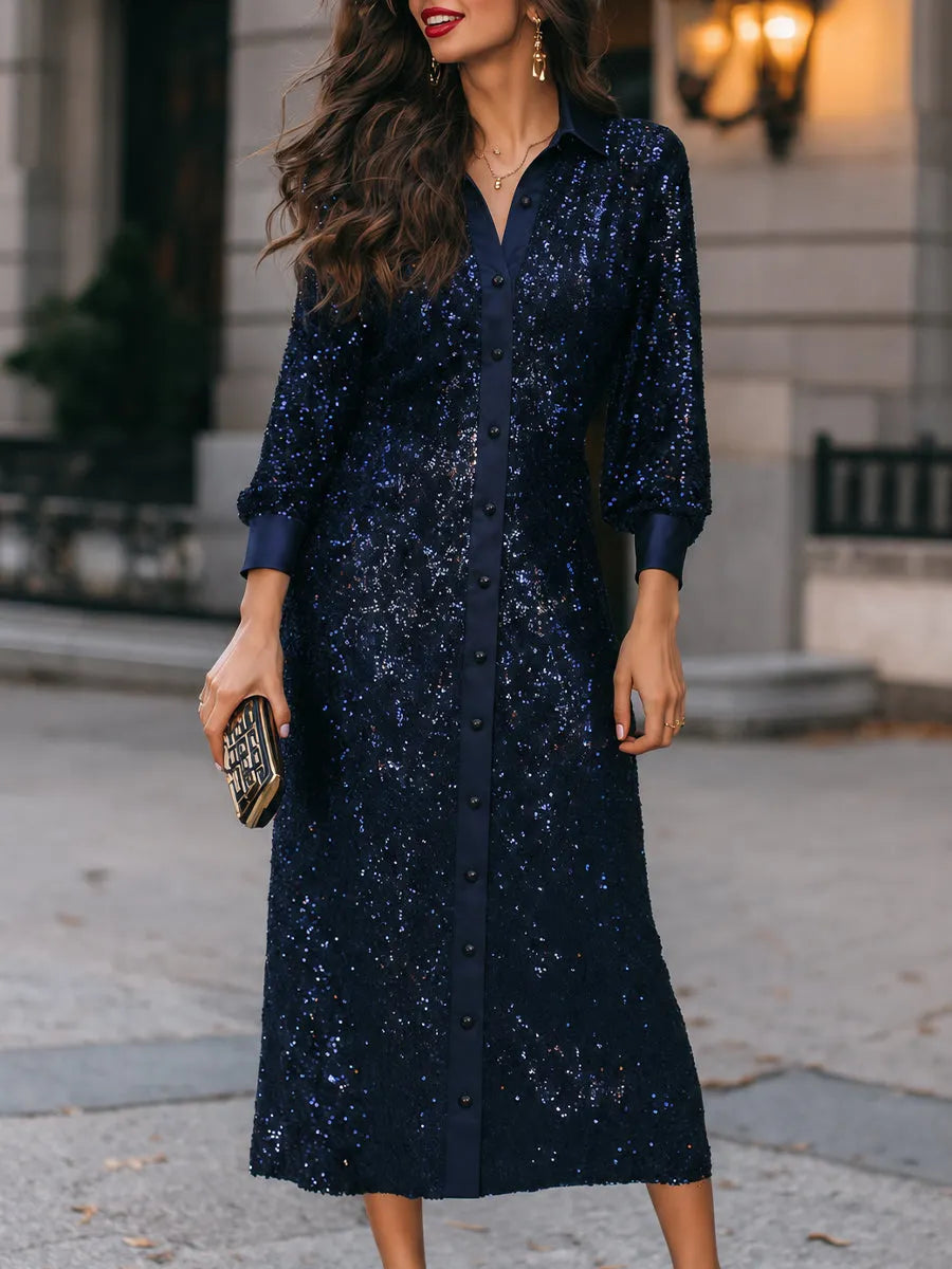 Navy Sequin Long Sleeve Button-Up Shirt Midi Dress