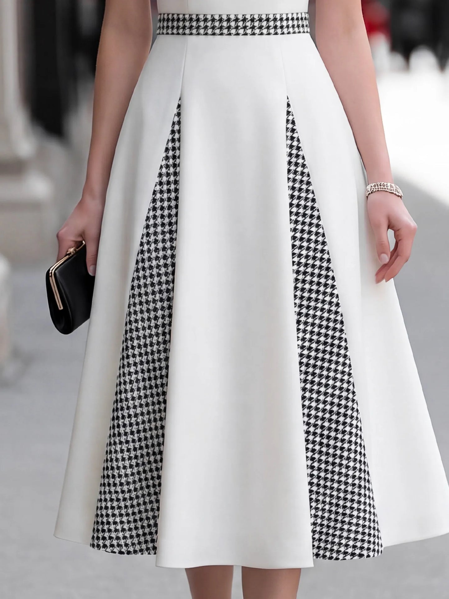 Houndstooth Paneled Tailored Midi Dress