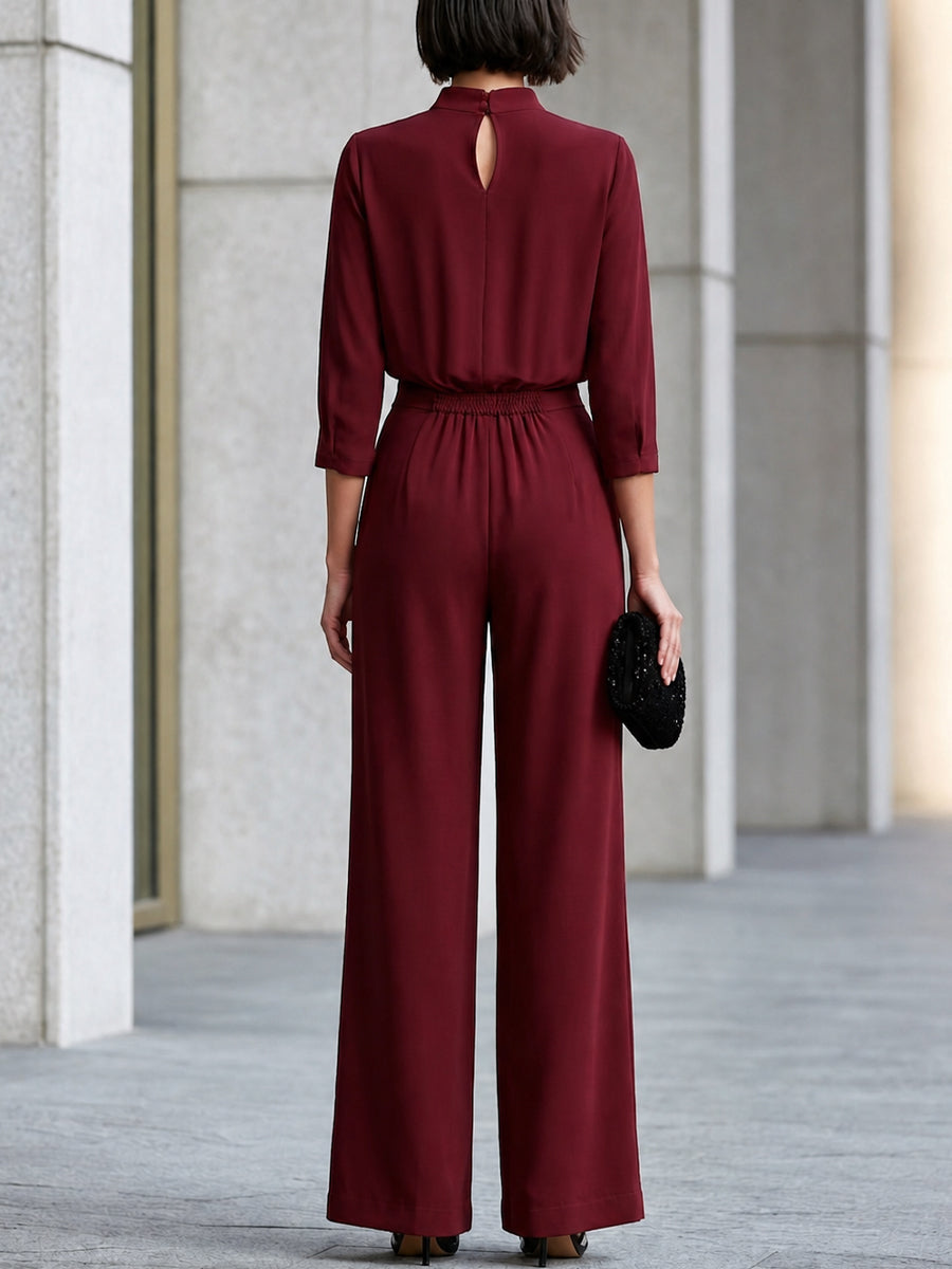 Draped High-Neck Pleated Blouse Wide-Leg Suit Set