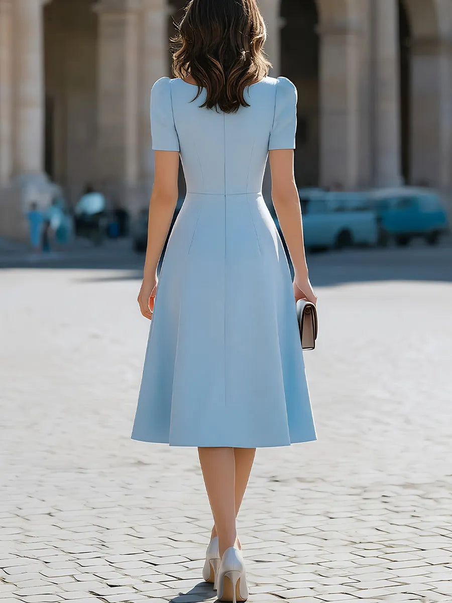 Square-Neck Bow-Detail Puff-Sleeve Fit-and-Flare Midi Dress