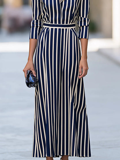 Striped Collared Belted Maxi Dress