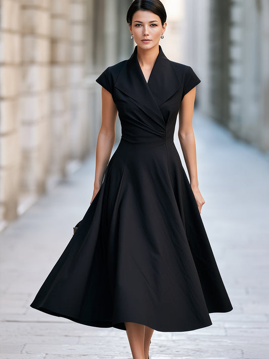 Notched Lapel Cap Sleeve Fit-and-Flare Midi Dress