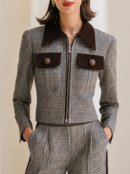 Contrast-Trim Plaid Jacket And Wide-Leg Pants Set