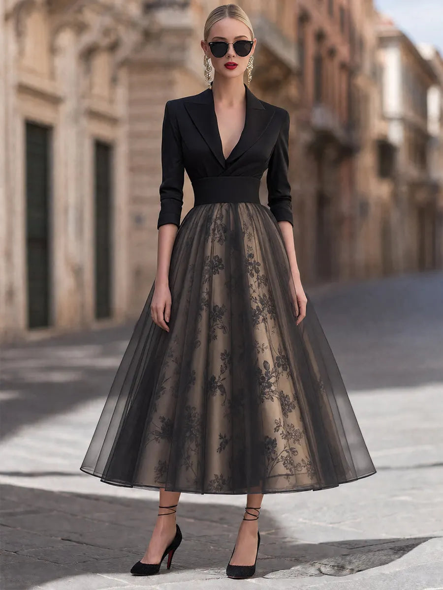 Elegant Deep V-Neck Blazer Bodice Floral Mesh Midi Dress