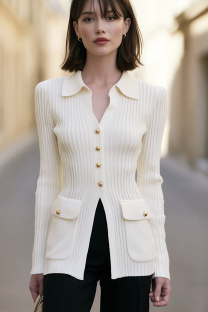 Collared Ribbed Knit Longline Cardigan