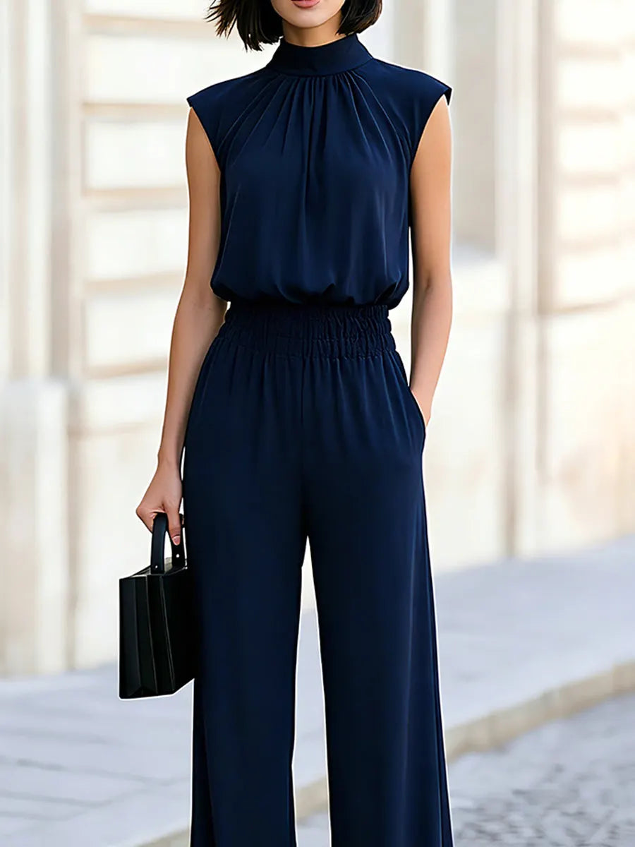 High Neck Gathered Sleeveless Elastic Waist Wide Leg Jumpsuit