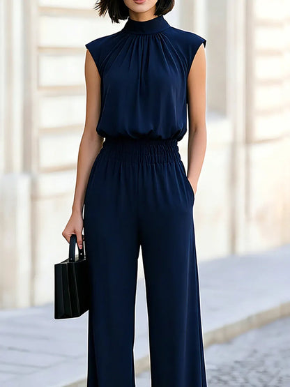 High Neck Gathered Sleeveless Elastic Waist Wide Leg Jumpsuit