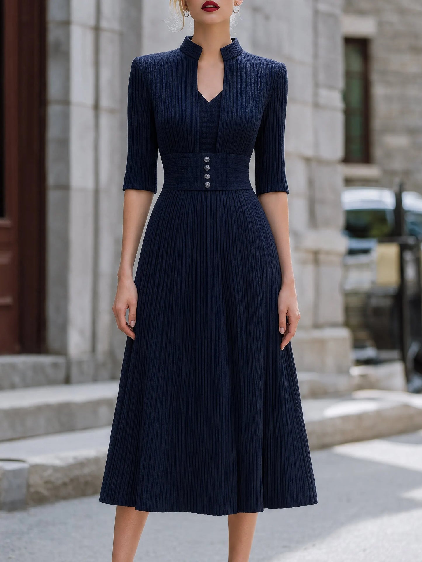 Mock Neck Ribbed Knit Flare Midi Dress