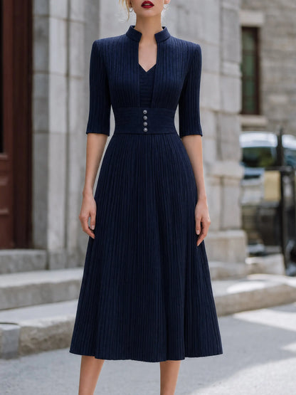 Mock Neck Ribbed Knit Flare Midi Dress