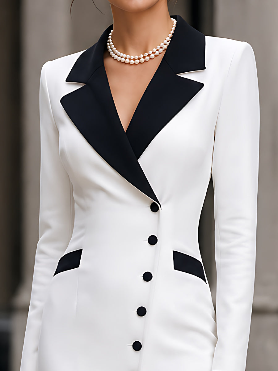 Contrast-Lapel Button-Front Blazer Midi Dress