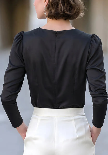 Draped Collar Long-Sleeve Blouse