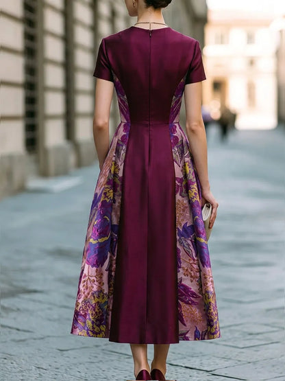 Floral Jacquard Panel V-Neck A-Line Midi Dress