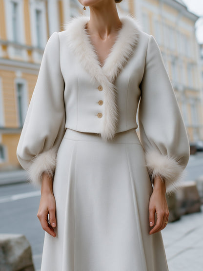 Faux-Fur Trim Wool-Texture Jacket And A-Line Skirt Set