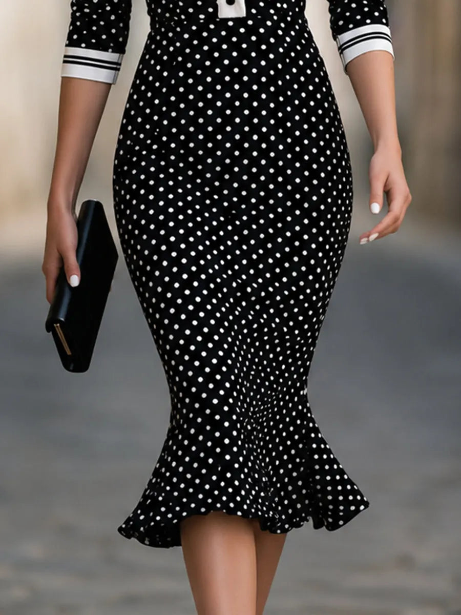 Polka Dot Contrast Collar Mermaid Midi Dress