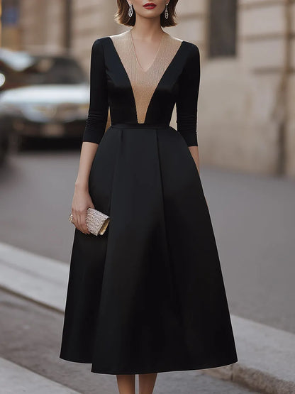 Contrast Gold Glitter V-Neck Three-Quarter Sleeve Full A-Line Midi Dress