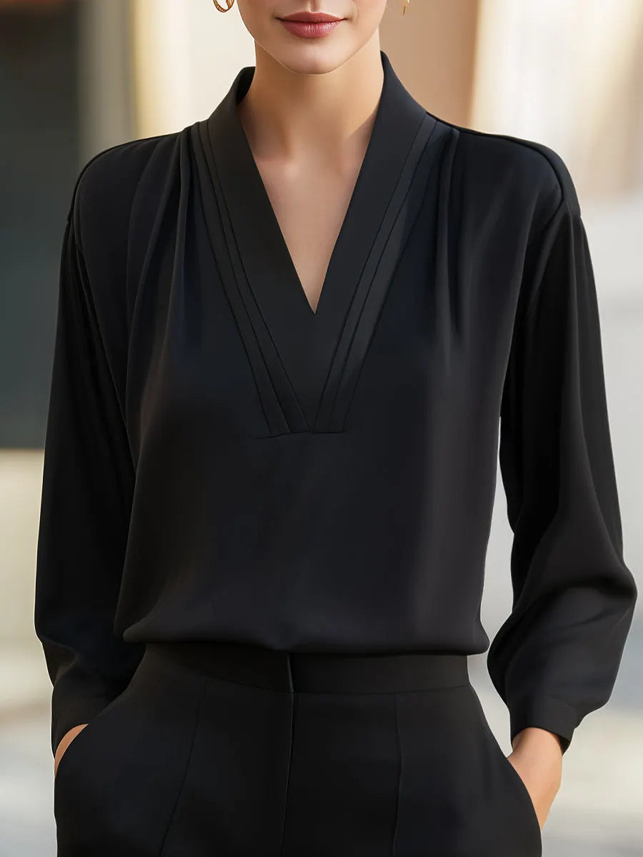 Layered Pleat V-Neck Draped Sleeve Blouse