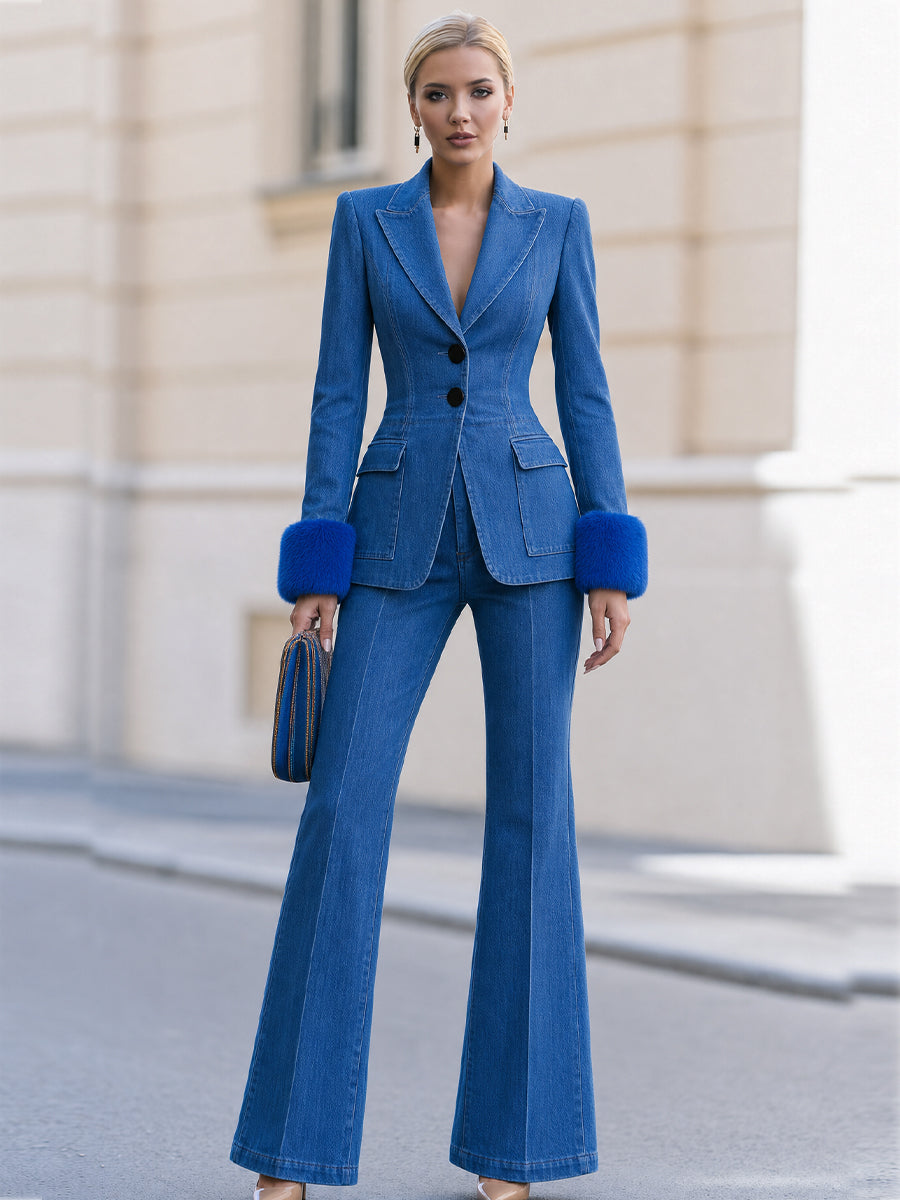 Faux Fur Cuff Blazer & High Waist Flare Jeans Two-Piece Suit